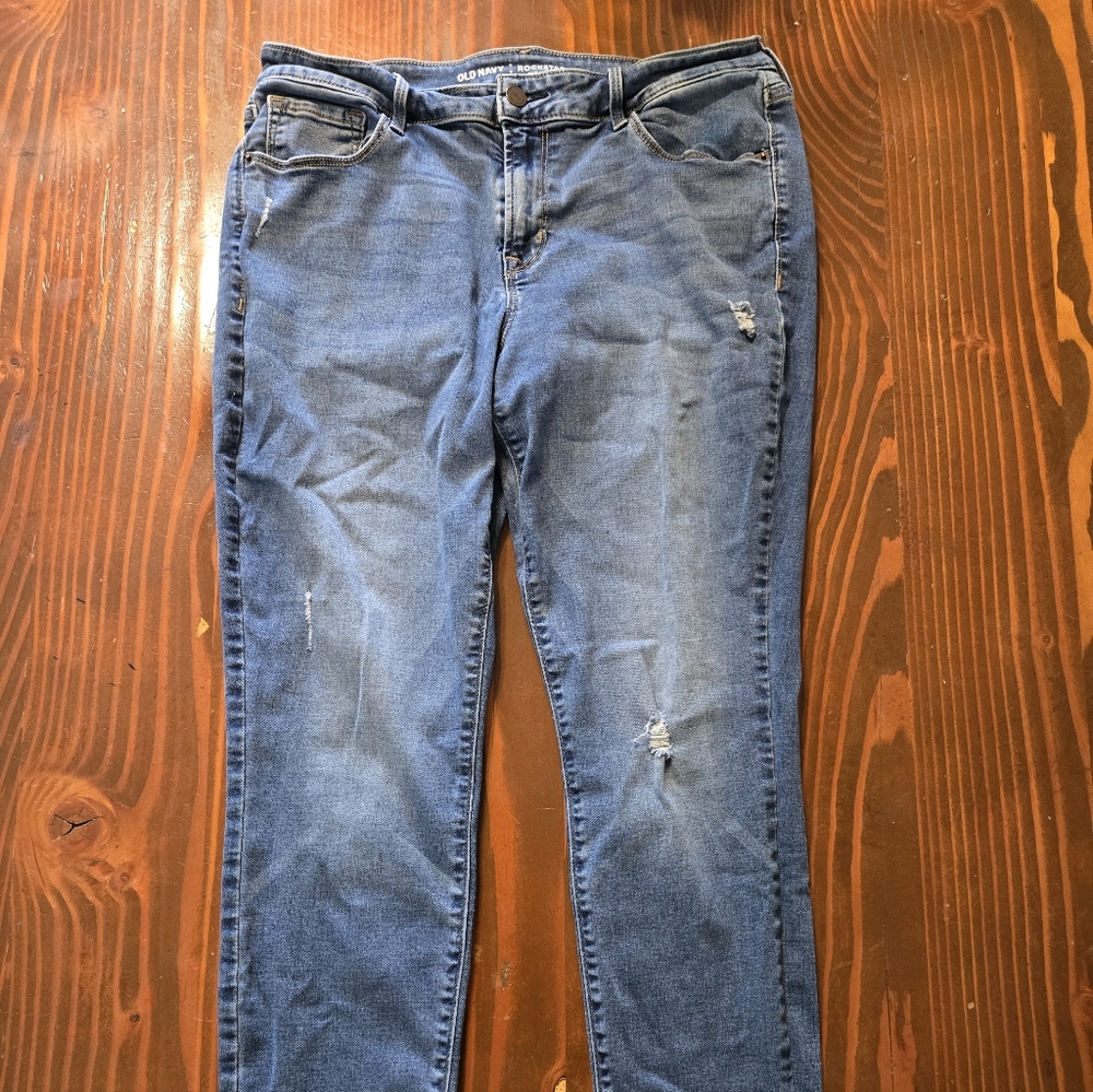 Womens Old Navy Mid-Rise Rockstar SkinnySpandex Stretch Distressed Blue Jeans 12